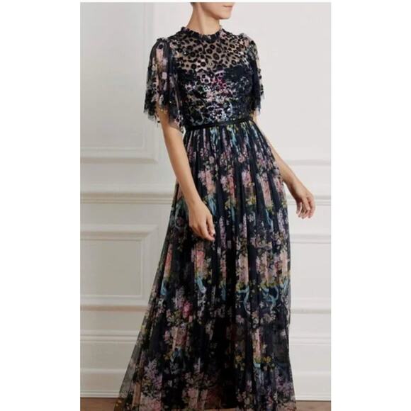 NEEDLE & THREAD Sz 8 UK 4 US Black Floral Beaded Long Maxi Dress Gown NWT - Picture 1 of 15